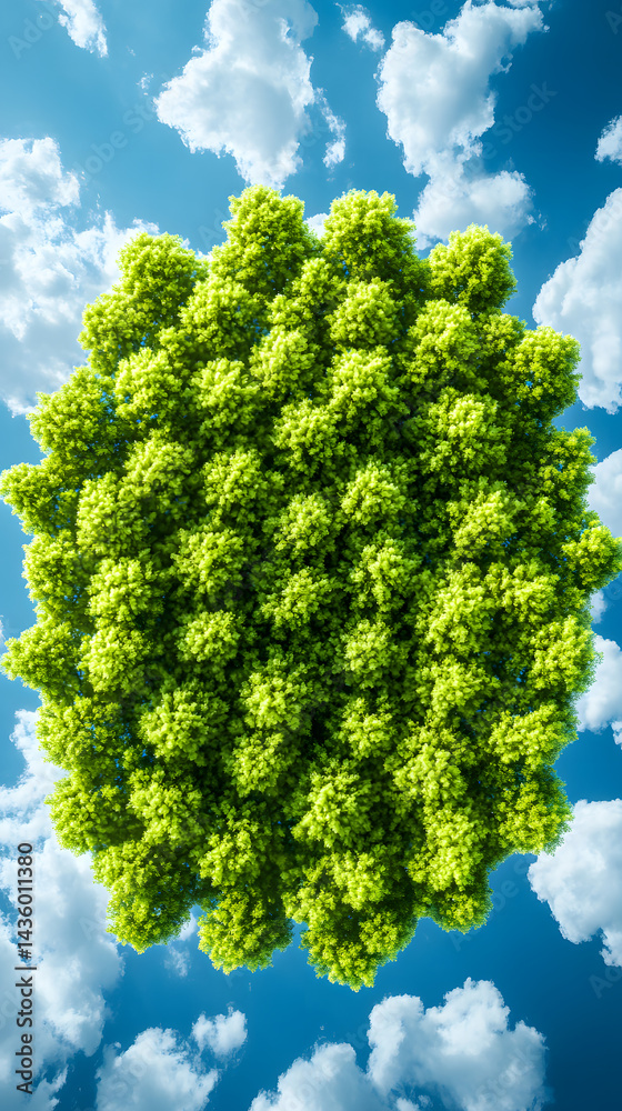 Aerial View Lush Green Treetop Canopy Sunny Blue Sky Fluffy Clouds Nature Ecology