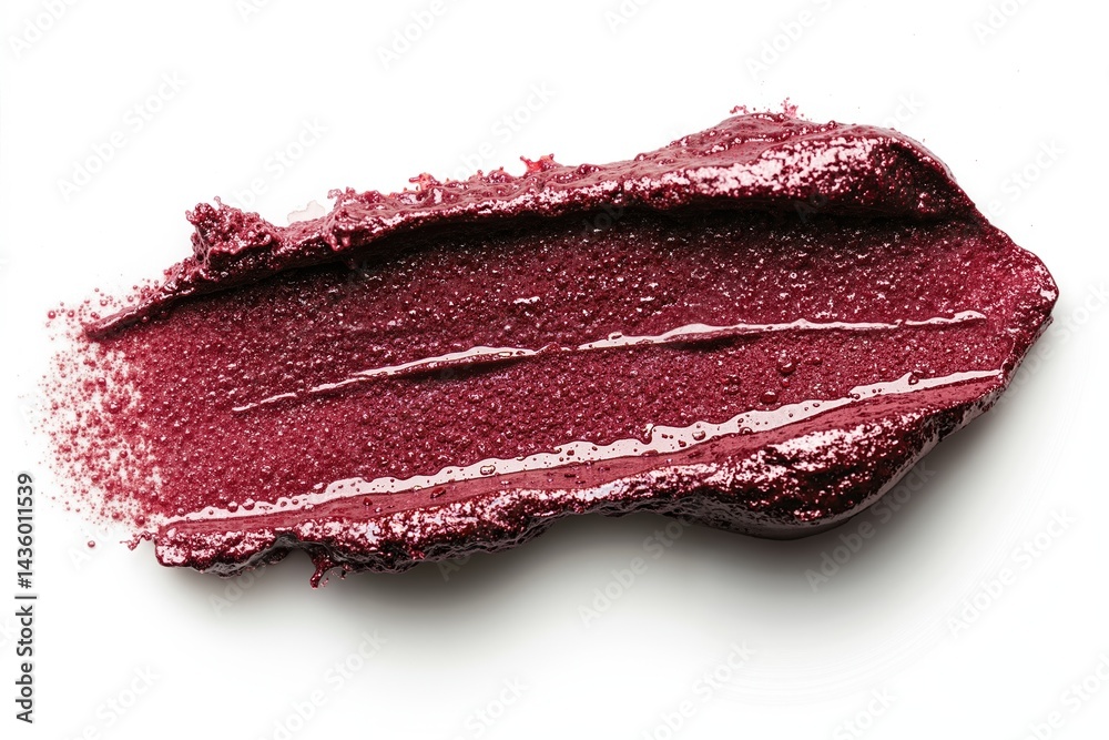 Glittery maroon lipstick smudge on white background with sparkling texture Glittery maroon lipstick smudge on white background with sparkling texture
