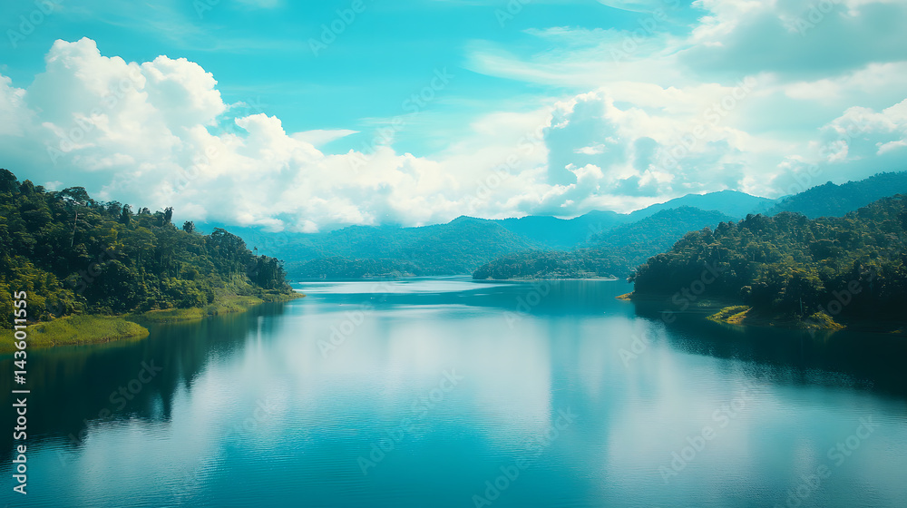 Serene Tropical Lake Landscape Calm Water Mountains Cloudscape Nature Scenery