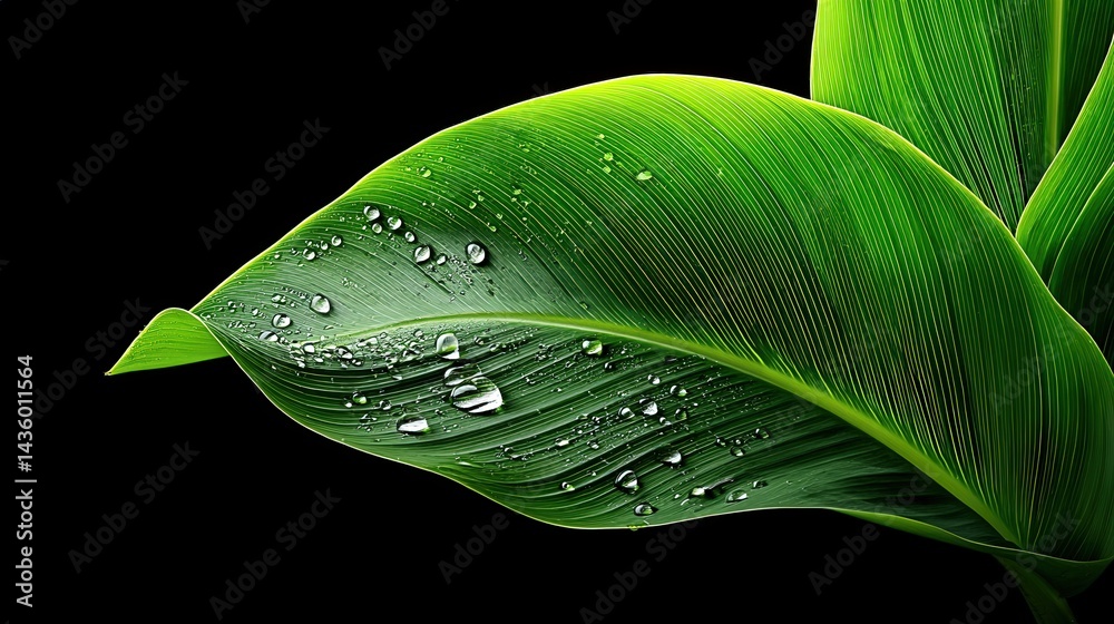 Close-Up of Fresh Green Leaf with Water Drops on Black Background