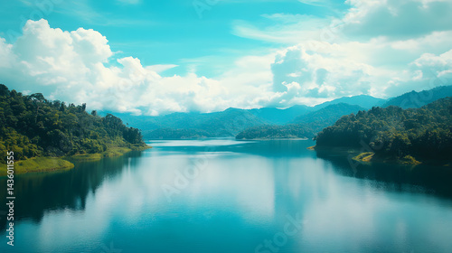Obraz na płótnie Serene Tropical Lake Landscape Calm Water Mountains Cloudscape Nature Scenery w salonie