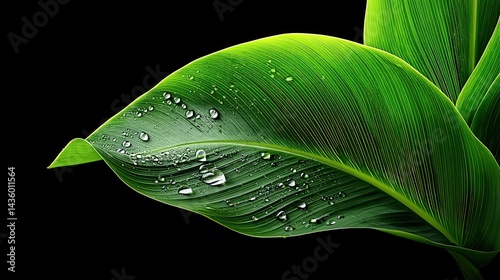 Obraz na płótnie Close-Up of Fresh Green Leaf with Water Drops on Black Background w salonie