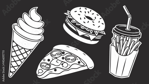 best-selling Fast-food icon set 1 white on black isolated black background, ice cream, hot dog, taco, burger, french fries, soda, milk shake, donut, pizza, coloring book