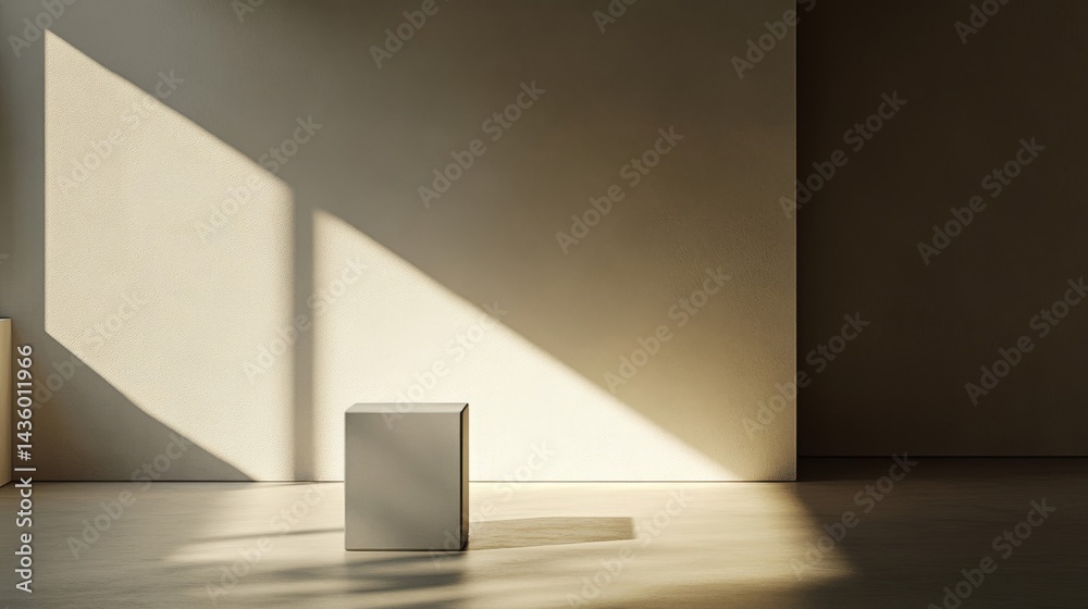 Fototapeta premium Neutral Beige Room with Stone Cube and Sunlight