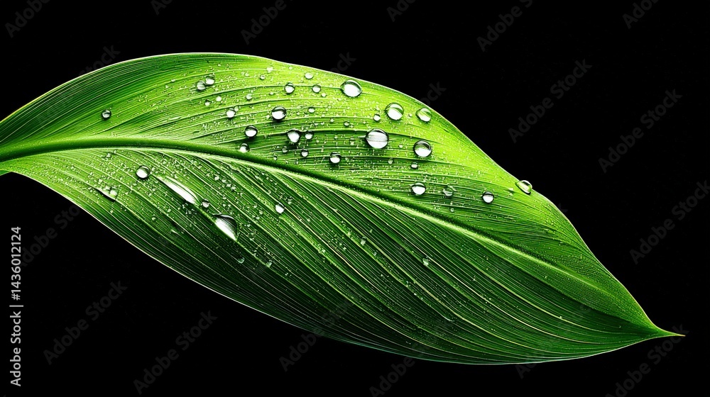Close-Up of Green Leaf with Water Droplets on Black Background