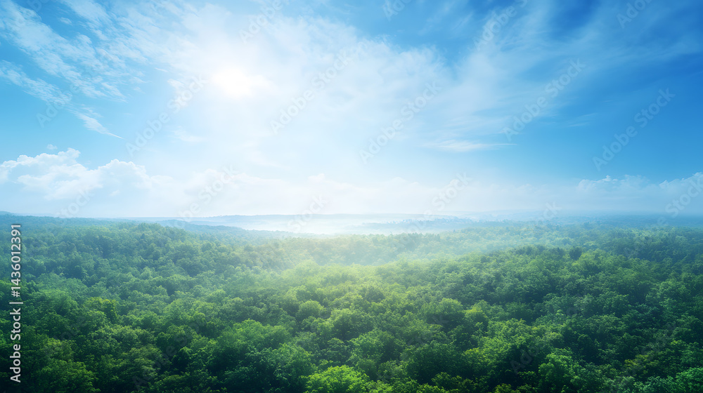 Serene Aerial View Lush Green Forest Misty Morning Sunlight Blue Sky Landscape Photography