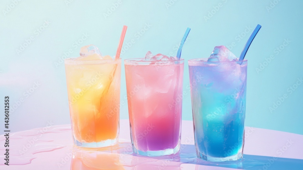 Three Pastel-Colored Iced Drinks with Straws Three Pastel-Colored Iced Drinks with Straws