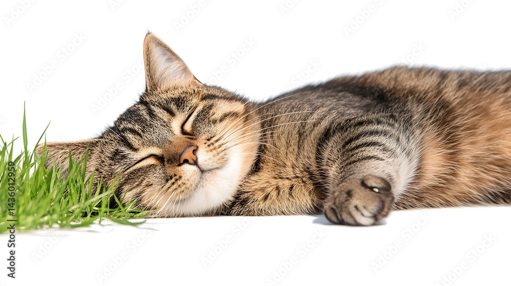 A tabby cat naps peacefully beside a clump of fresh green grass on a white background A tabby cat naps peacefully beside a clump of fresh green grass on a white background