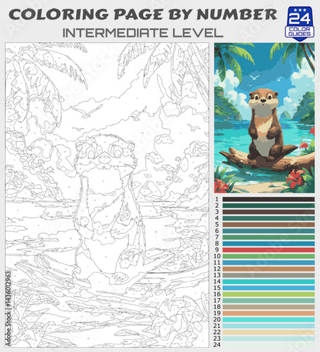 Cute Otter on Beach Coloring Page by Number | Printable Intermediate Tropical Scene