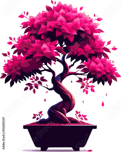 Bougainvillea Bonsai Tree Vector. Vibrant Pink Bonsai Tree Digital Illustration