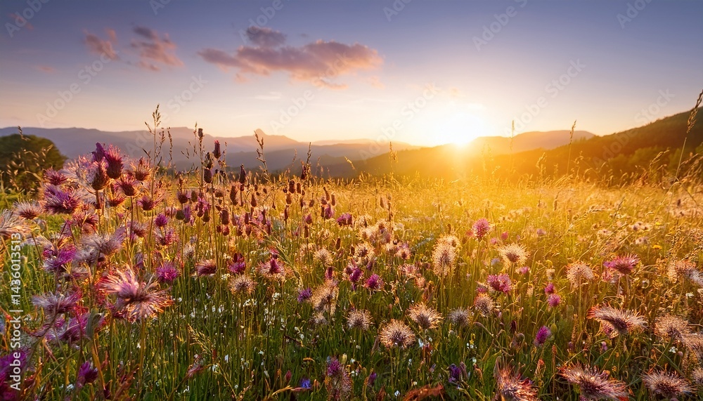 Naklejka premium Sunset Mountain Meadow Wildflowers Golden Hour Nature Landscape Scenery
