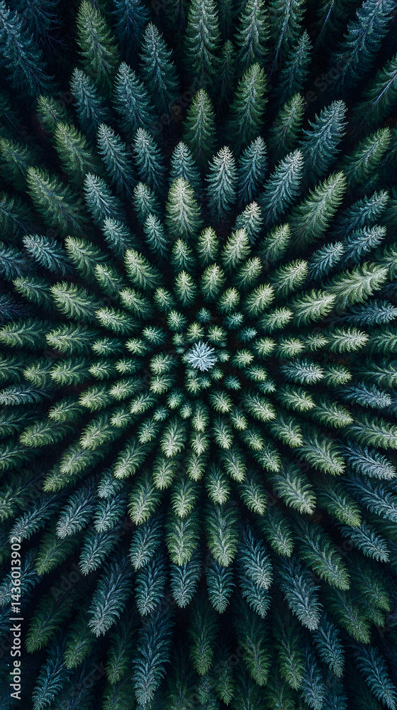 Aerial View Evergreen Forest Symmetrical Conical Trees Nature Pattern Background