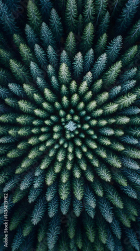 Obraz na płótnie Aerial View Evergreen Forest Symmetrical Conical Trees Nature Pattern Background w salonie