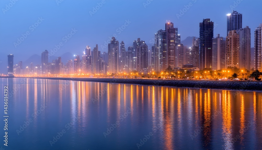 Obraz premium City skyline at twilight, lights reflecting on calm water, hazy mountains in background