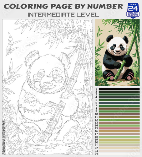 Cute Panda Eating Bamboo Coloring Page by Number | Printable Intermediate Wildlife Scene