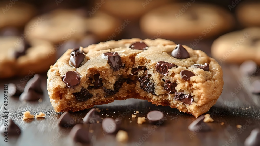A close up shot of a delicious chocolate chip cookie with a bite out of it, showcasing chocolate. A close up shot of a delicious chocolate chip cookie with a bite out of it, showcasing chocolate.