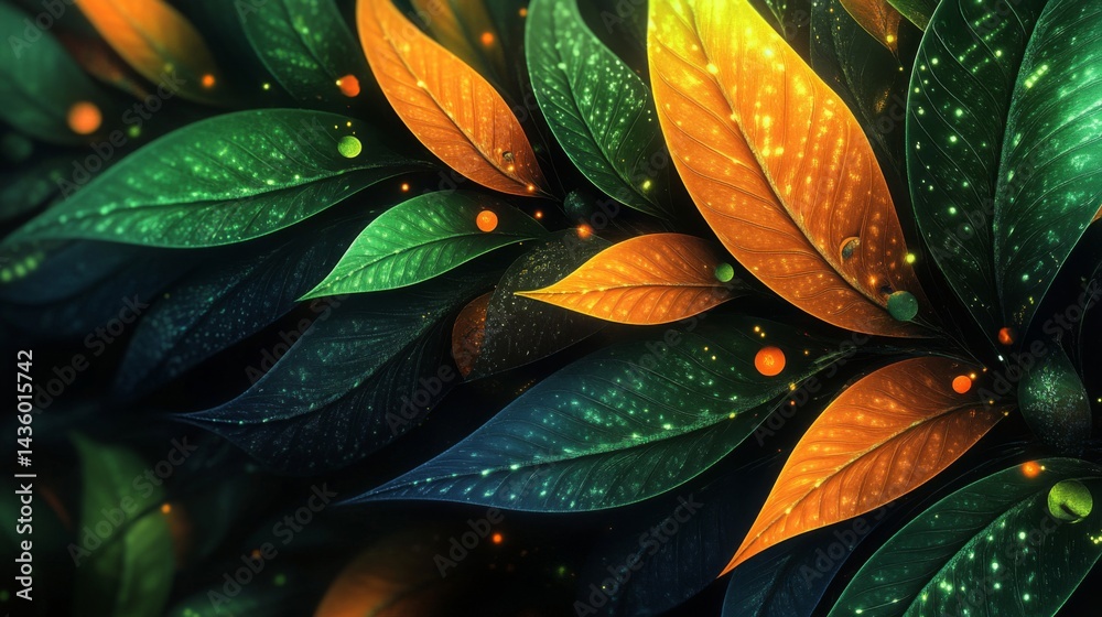 Obraz premium Glowing Green and Orange Leaves Abstract Background