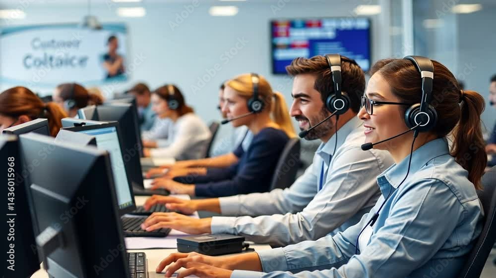 Busy Customer Service Call Center Representatives Providing Support