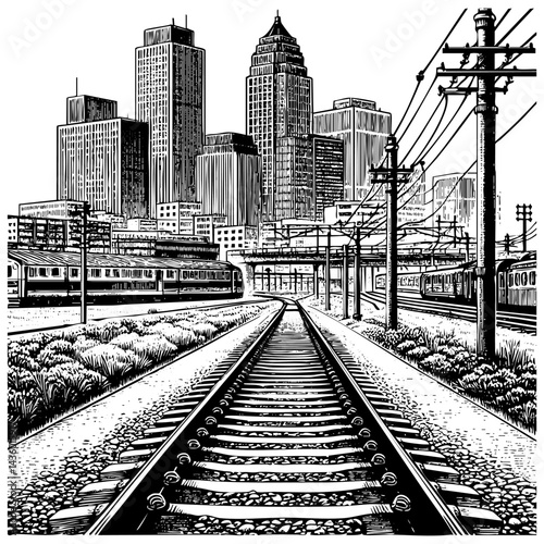 train on railroad sketch engraving black and white outline. Scratch board imitation.  illustrated in vintage line art style on a white background.