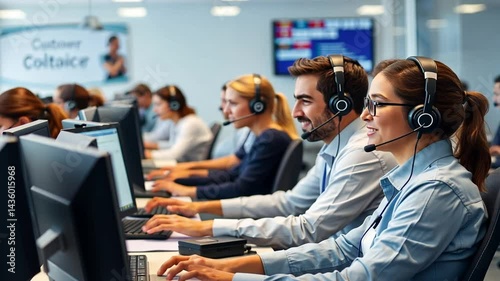 Busy Customer Service Call Center Representatives Providing Support