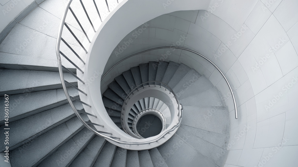 Obraz premium Minimalist spiral stairway with metal railing goes down inside a modern building with sleek materials and geometric lines
