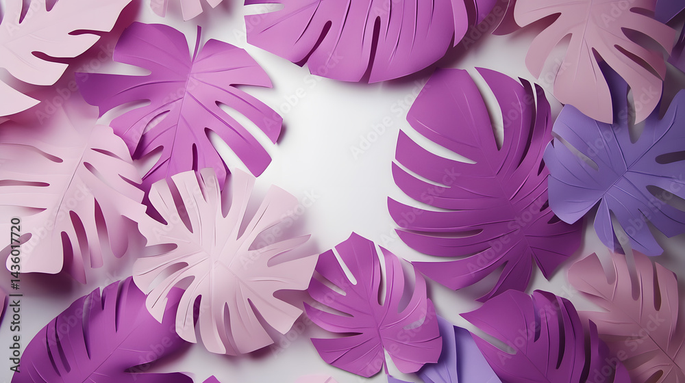 Purple and Pink Paper Monstera Leaves Tropical Summer Background Design
