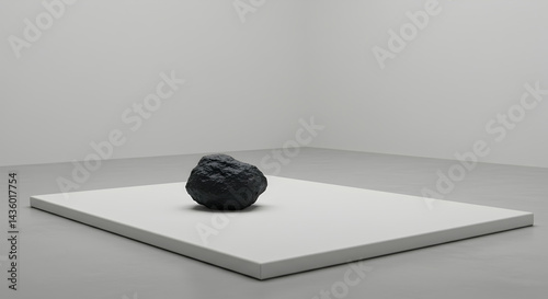 Monochrome Composition Featuring A Dark Rock Object Resting on A White Slab
