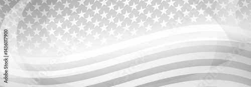 Grayscale vector illustration of a waving American flag with stars and stripes, designed in a minimalist style with smooth curves.