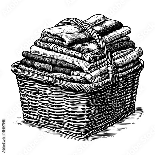 Wicker basket filled with folded clothes sketch engraving black and white outline. Scratch board imitation.