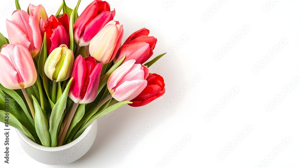 Fototapeta premium Vibrant Bouquet of Colorful Tulips in a White Pot on a Clean Surface