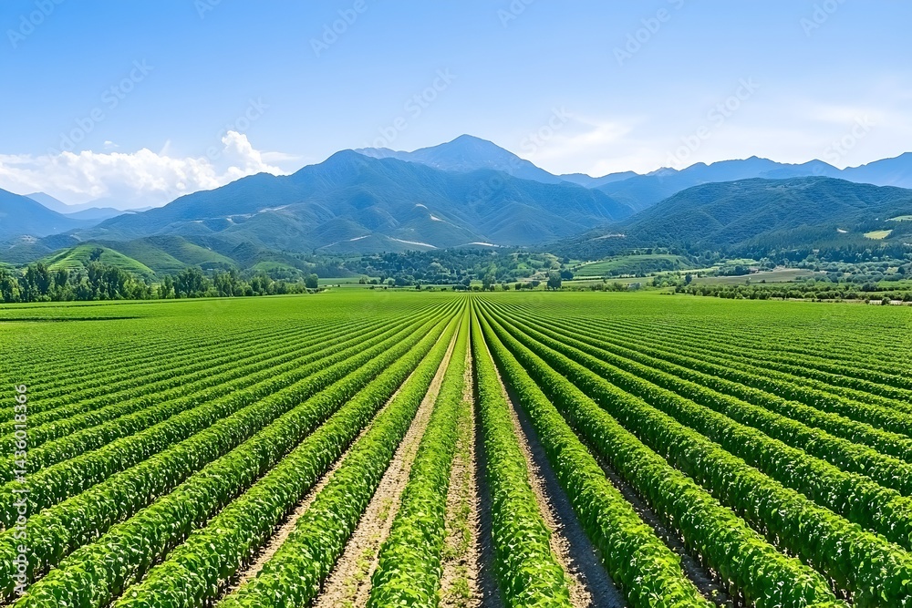 Lush green rows of crops stretch towards majestic mountains under a vibrant blue sky Lush green rows of crops stretch towards majestic mountains under a vibrant blue sky
