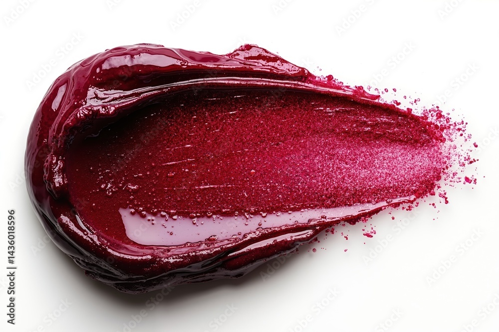 Fototapeta premium Vibrant red lip gloss sample with glitter texture on white background