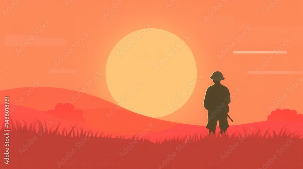 Naklejka premium Silhouette of Soldier Against Vibrant Sunset Horizon Landscape