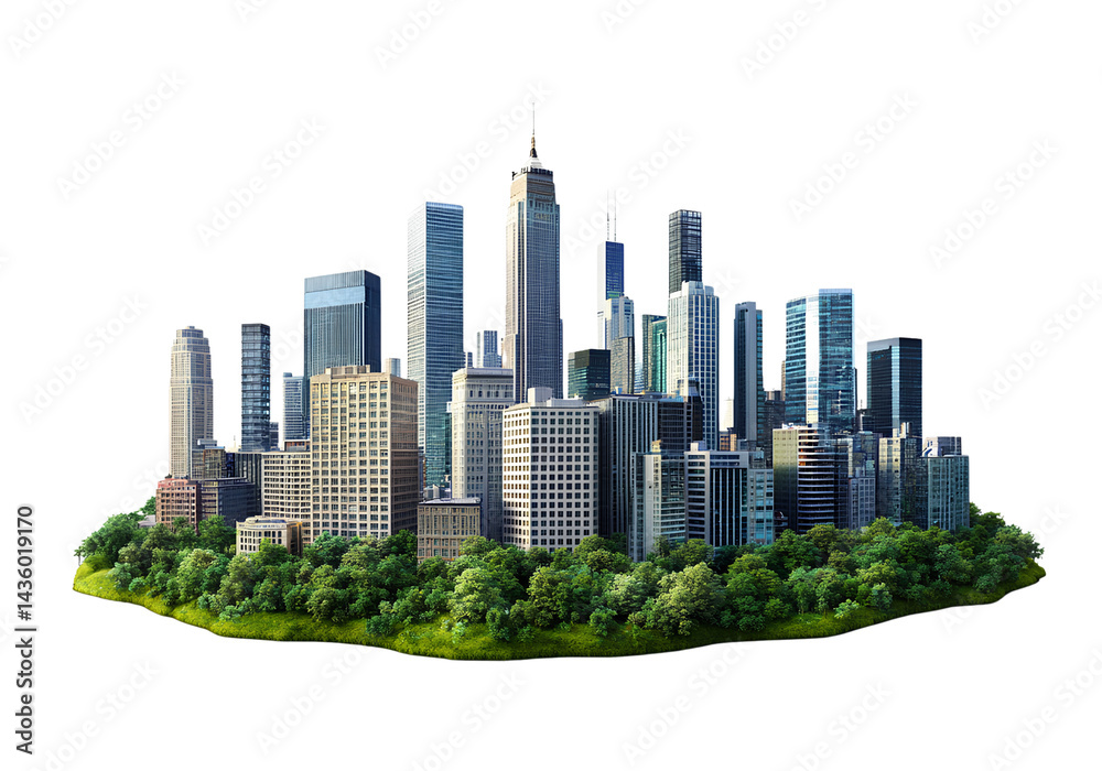 Fototapeta premium 3D modern city skyline with buildings and greenery, isolated on a transparent background