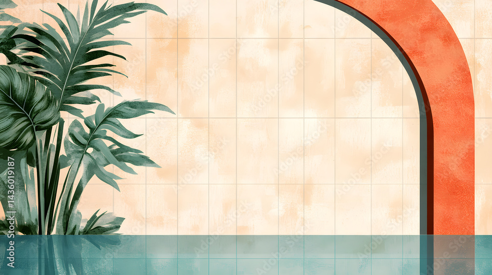 Serene Tropical Poolside Oasis: Cream Tile Wall Archway Teal Water Palm Leaves Reflection