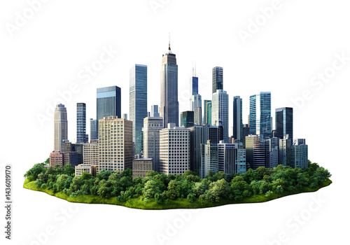 3D modern city skyline with buildings and greenery, isolated on a transparent background