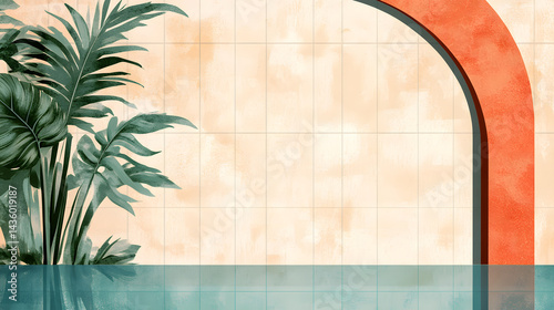 Obraz na płótnie Serene Tropical Poolside Oasis: Cream Tile Wall Archway Teal Water Palm Leaves Reflection w salonie
