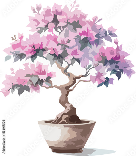 Bougainvillea Bonsai Tree Vector. Pink Bougainvillea Bonsai Tree in Pot, Watercolor Style Illustration