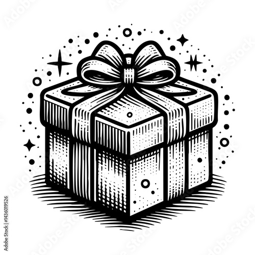 Gift box sketch engraving black and white outline. Scratch board imitation.
