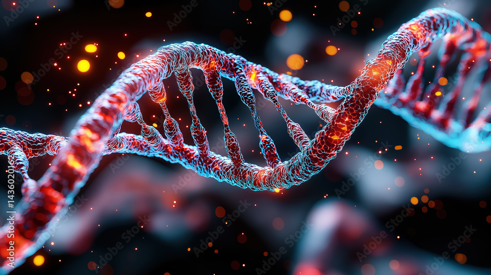 Colorful depiction of DNA structure with glowing particles