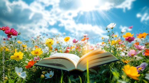 Fototapeta Naklejka Na Ścianę i Meble -  Vibrant flowers bloom in a sunlit meadow under a blue sky. with an open book on the theme of education and reading