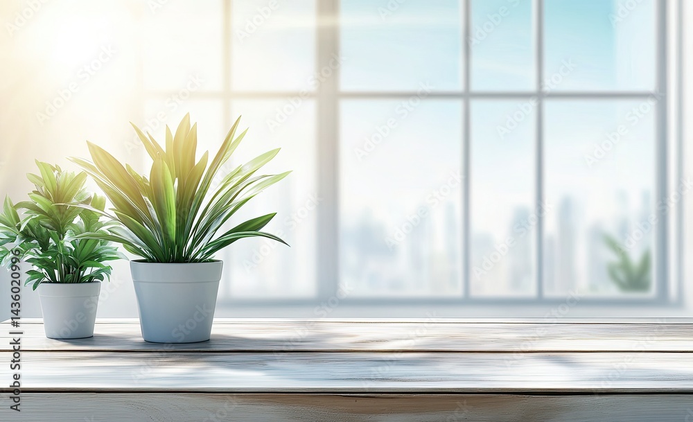 Fototapeta premium Plants on a wooden table by a window. Cityscape blurred in background