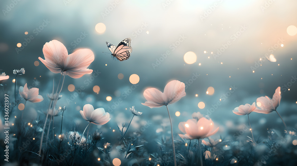 Magical Butterfly Dancing Among Glowing Dusk Flowers Floral Fantasy Nature Wallpaper