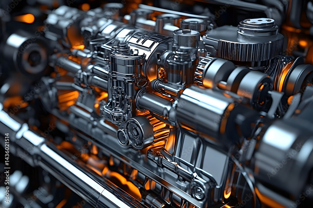 Fototapeta premium Detailed 3D rendering of a car internal combustion engine including power, ignition, cooling, lubrication and exhaust systems, crank and gas distribution mechanism