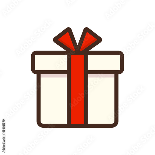 Red ribbon gift box sticker. Holiday celebration, surprise, anniversary, birthday concept. Colored outline vector design isolated illustrations.