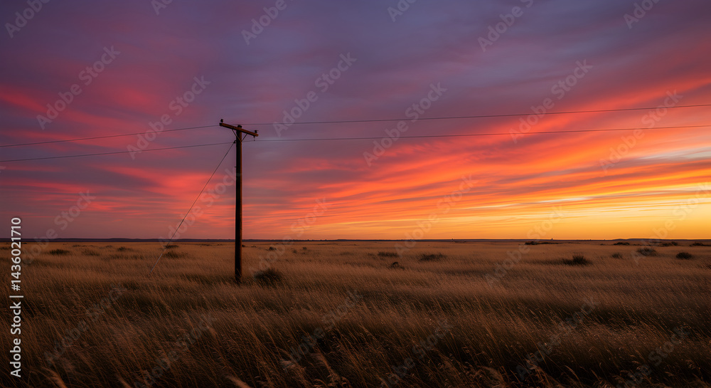 Obraz premium Rural Sunset Landscape with Telephone Pole and Vivid Sky at Dusk