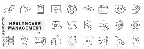 Set of health carte management related line icons. Diagnosis, monitoring, record etc. Editable stroke