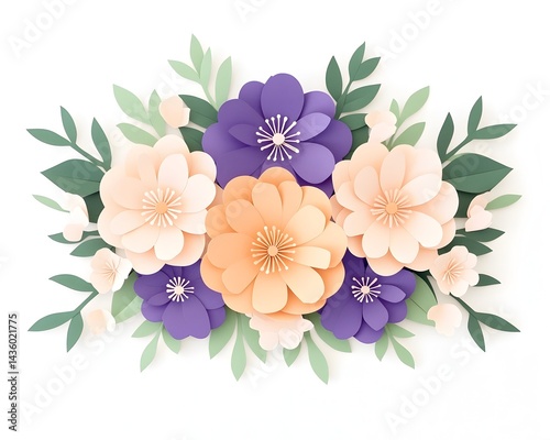 Peach and purple paper flowers, leaves, blossoms arranged as a bouquet on white