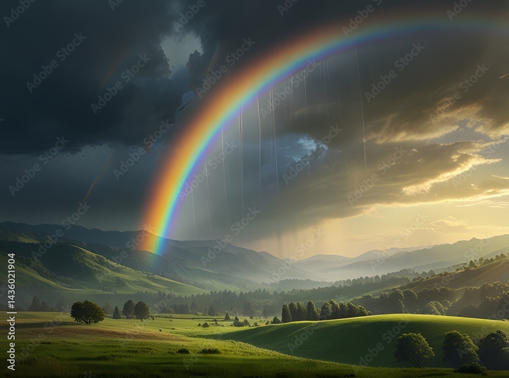 Obraz premium Vibrant Rainbow Arcing Over a Misty Landscape with Rolling Green Hills and Patches of Sunlight