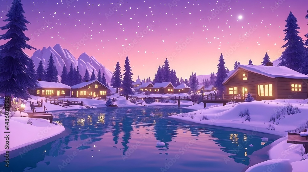 Fototapeta premium Serene winter village nestled beside a calm river, illuminated by warm lights under a starlit sky